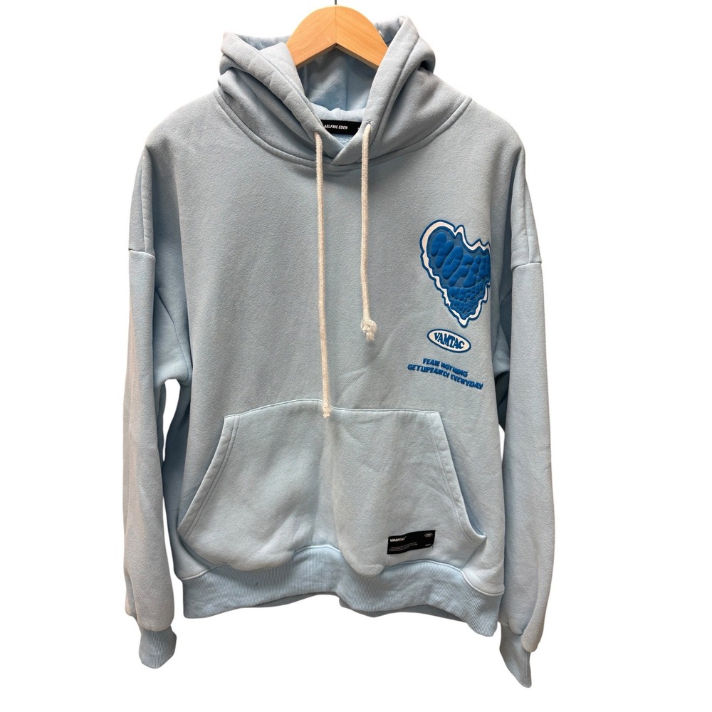 AELFRIC EDEN Hoodie Mens M Blue Graphic‎ Pullover Fleece Vamtac Logo Streetwear